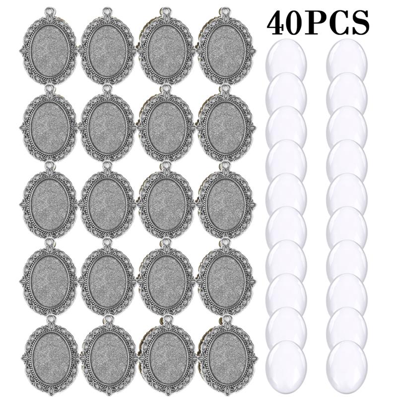 40pcs Oval Pendant Base Setting Glass Cabochons 18x25mm Cameo For DIY Jewelry Making Pendants Blank Tray Bezels: Ancient silver set