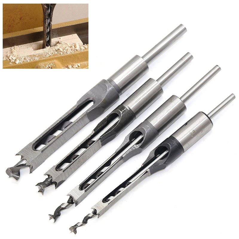 4PCS HSS Twist Drill Bits Square Auger Mortising Chisel Drill Set Square Hole Woodworking Drill Tools Kit Set Extended SawTP-021: 4pcs set