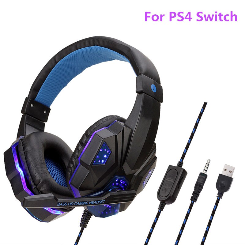 Professionele Bas Gamer Wired Hoofdtelefoon Voor PS4 Schakelaar Xbox Een Gaming Headset Met Microfoon Led Light Computer Pc Telefoon Headset: BlackBlue PS4 Switch