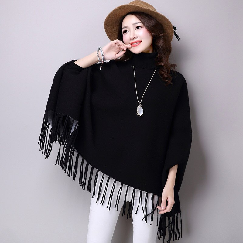 Otoño Invierno mujer Casual Pullover mujeres capa con borlas de punto capa suelta Boho Poncho capas chal suéter sólido abrigo A70