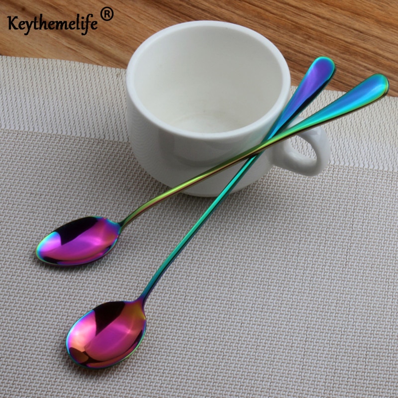 Keythemelife 1Pcs Rainbow Coffee Spoon Stainless Steel Scoop Cold Drink Fruit Long Ice Scoop for Christmas A