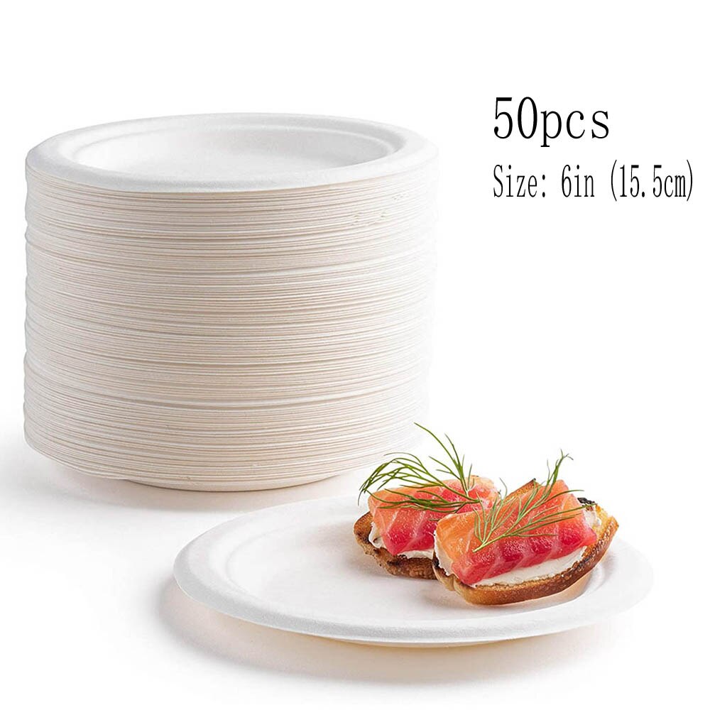 50 Disposable Plates Paper Heavy-Duty Tableware Compostable Plates Natural Sugarcane Bag-Like Fibers are 100% Biodegradable: 6in