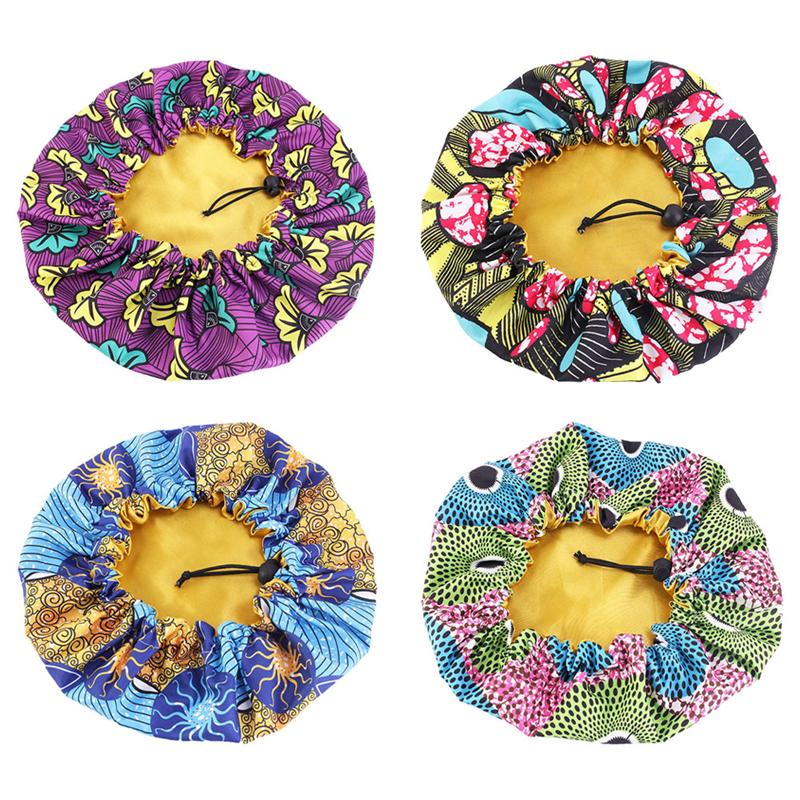 4Pcs Kinderen Satijn Night Cap Met Elastische Aanpassing Gesp Afrikaanse Batik Print Double-Layer Ronde Hoed (Verschillende kleur)