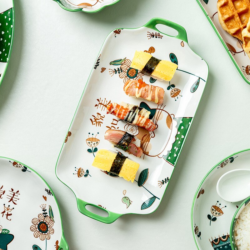 Hand Painted Cartoon Dinner Plate Family Lovely Children's Bowl Single Rice Bowl Vegetable Plate Japanese Bowl Dish Tableware