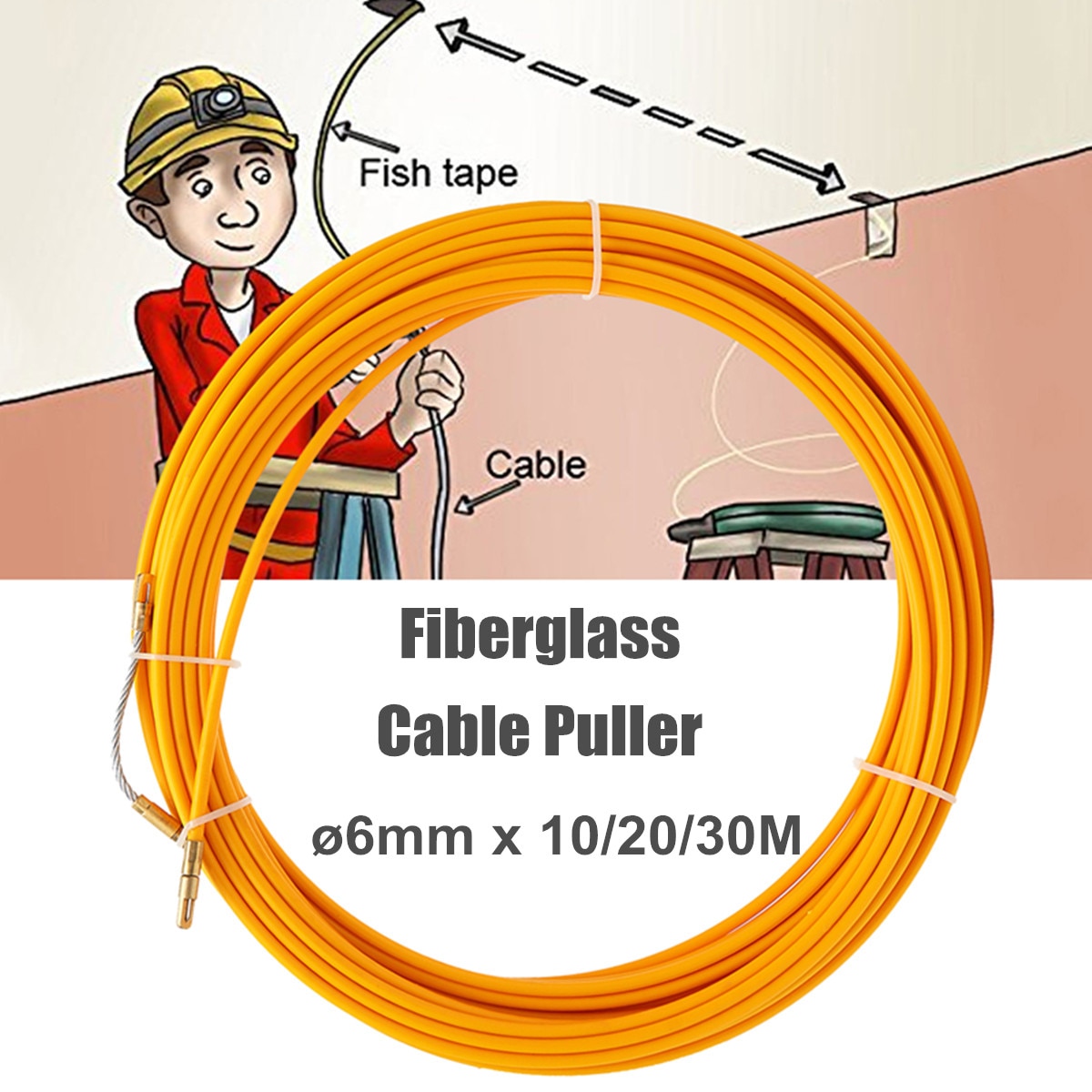 6mm styreenhed glasfiber elektrisk kabel skubbe trækkere rulle kanal slangestang fisketape tråd gevindhjælpeværktøj 10m 20m 30m