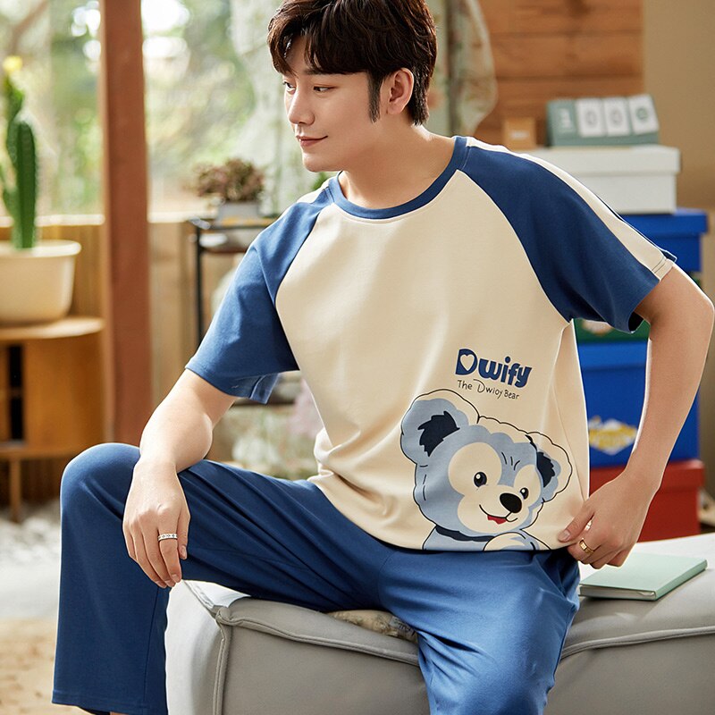 SONG-Conjunto de pijama de algodón para hombre, pantalones largos de manga corta y cuello redondo, con bonito de dibujos animados a la , para el hogar, 2 piezas, novedad de verano y otoño de