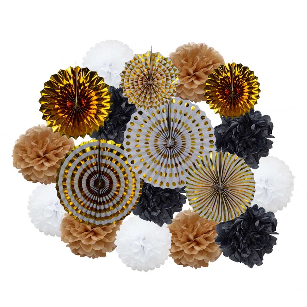 Lente Party Favor Goud Groen Set Vouwen Opknoping Papier Pom Pom Fans Baby Shower Kids Meisje Jongen Verjaardag Decoratie: Gold Black Khaki