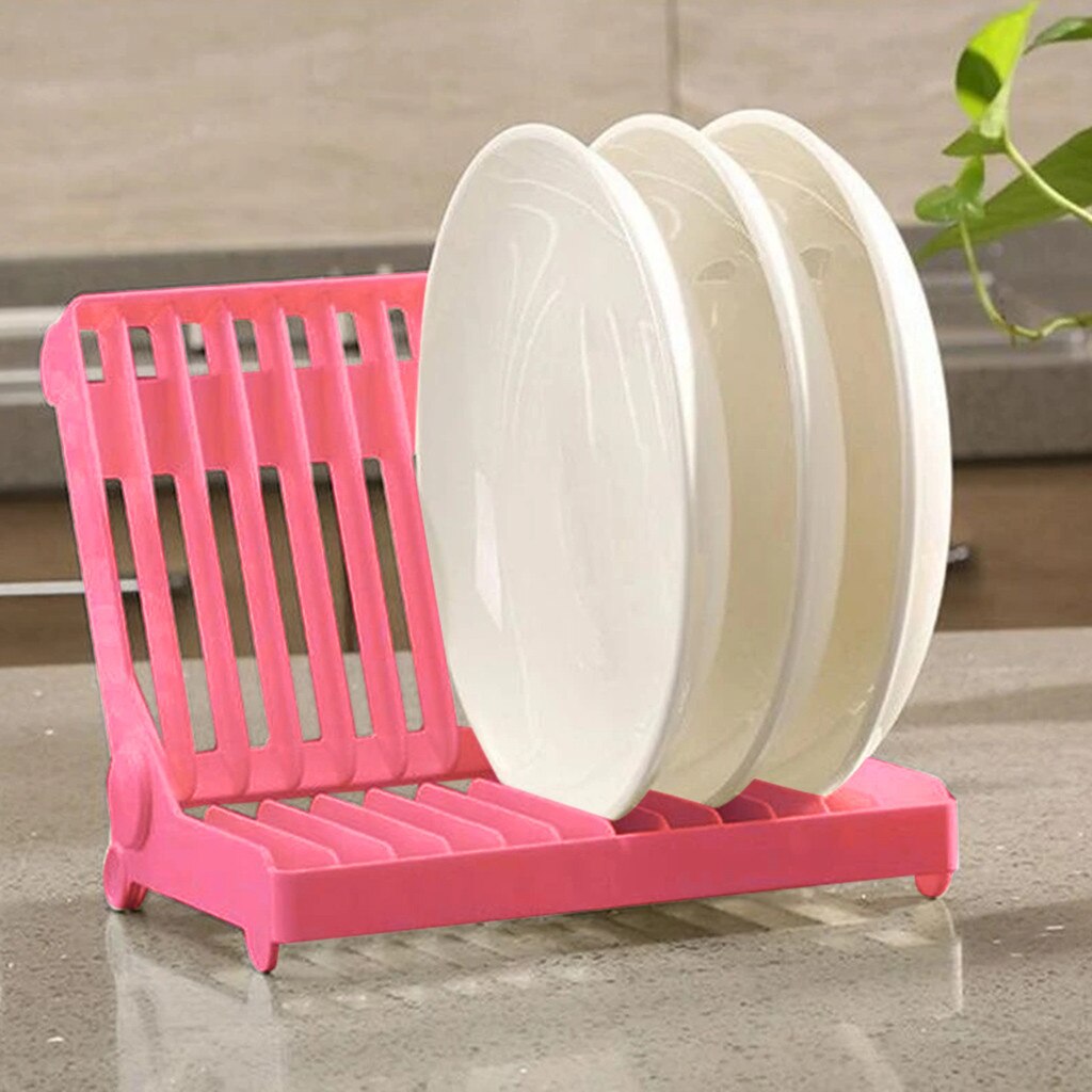 Kitchen Foldable Dish Plate Drying Rack Organizer Drainer Plastic Storage Holder Home Kitchen Sink Dish frame#35: Pink 