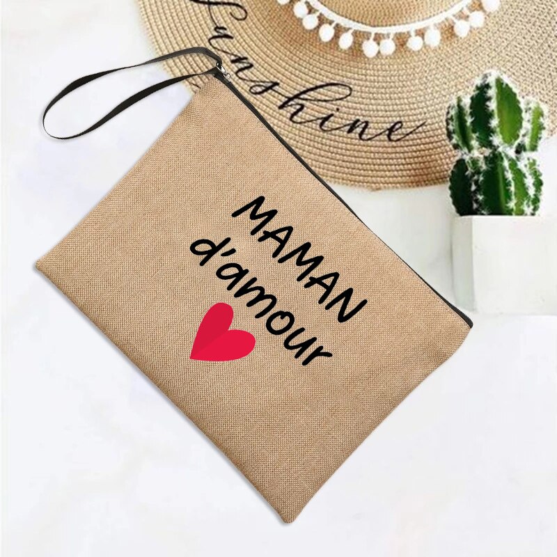 Franse Print Eenvoudige Linnen Polsbandje Clutch Bag Mom Shopping Portemonnee Strand Reizen Organizer Make Case Moederdag: Q06666-A012BR-S