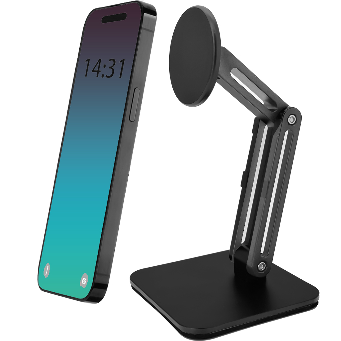 Magnetisk telefonholder til skrivebord, forhøjet & justerbar & foldbar magnetisk telefonholder i metal til skrivebord/kontor/hjem, kompatibel: Sort