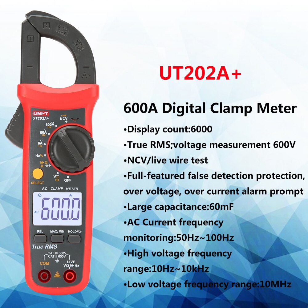 UNI-T Digital Clamp Meter UT201+/UT202+/UT203+/UT202A+/UT204+ True RMS 400-600A Automatic Range High Precision Multimeter Tester: UT202A(PLUS)