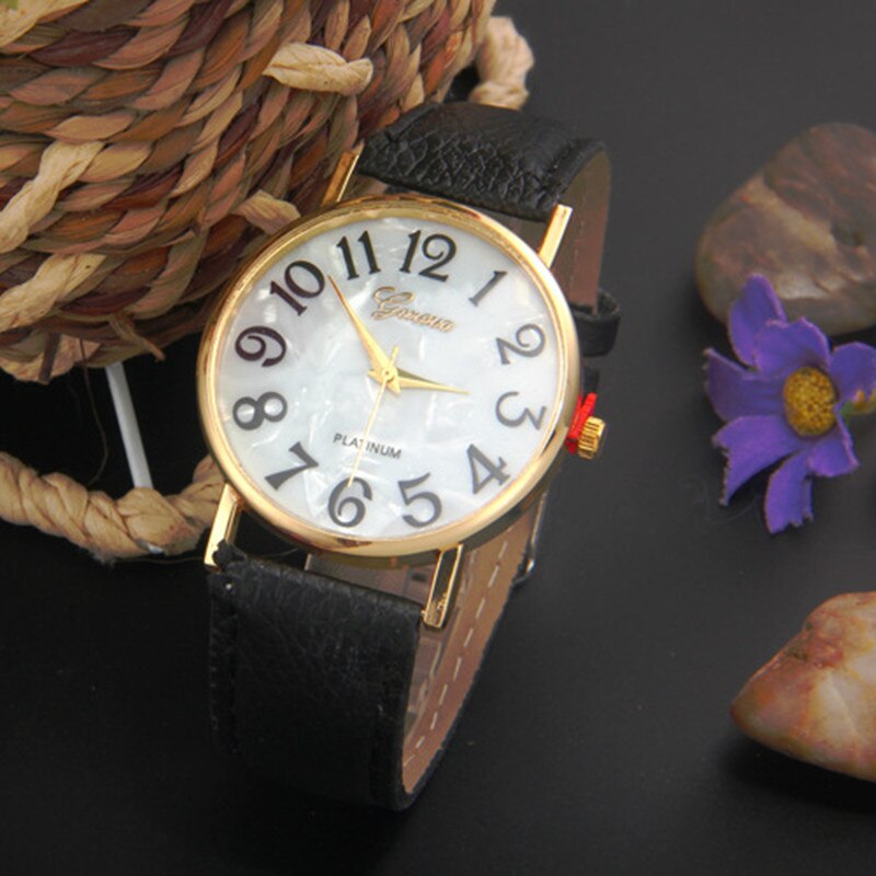 Geneva-reloj Digital de lujo para mujer, cronógrafo de cuarzo con correa de cuero y números grandes, Retro,: black
