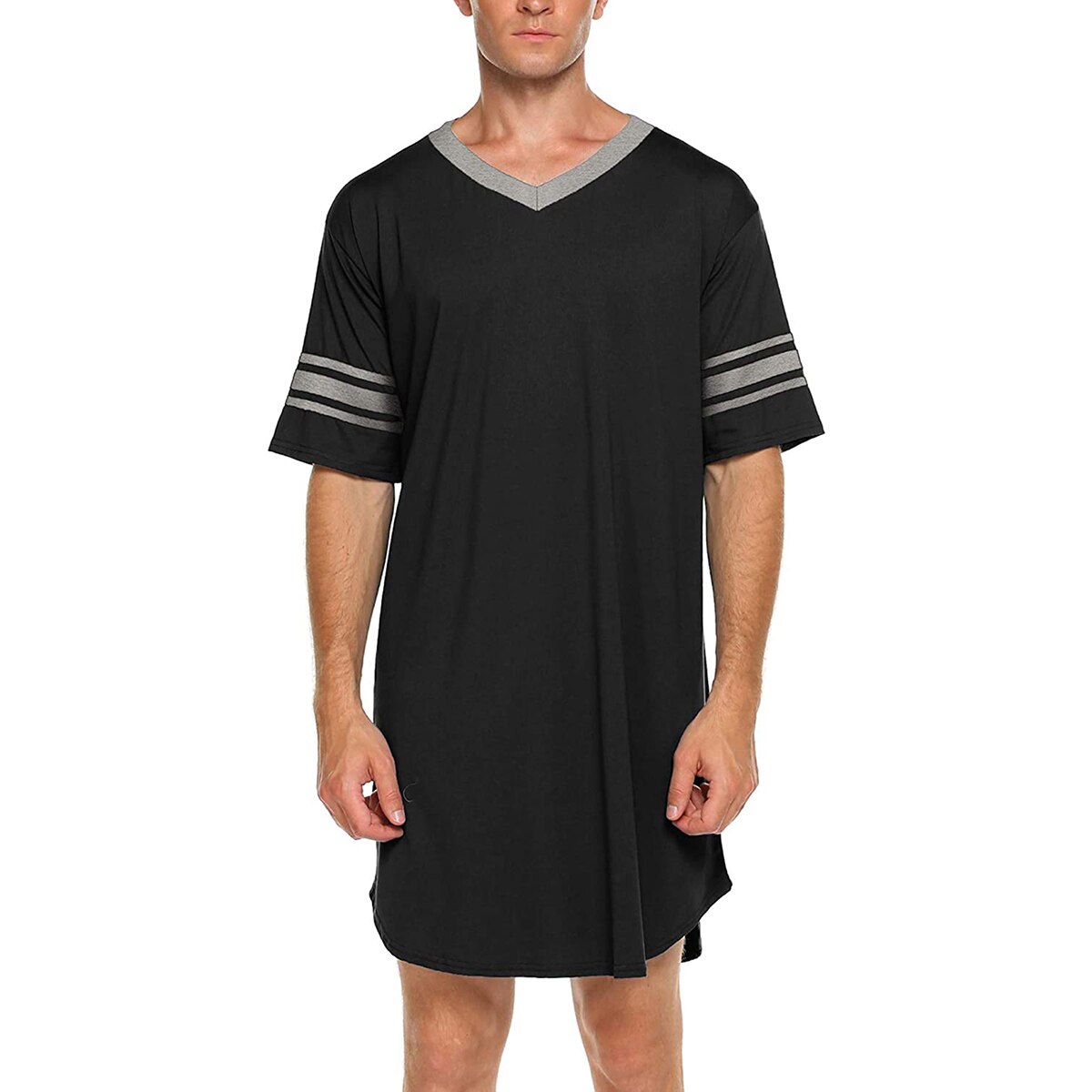 Mannen Katoen Nachthemd Slaap Tops Korte Mouw V-hals Zachte Losse Nachtkleding Nachtkleding Casual Homewear Zomer Mannelijke Nachthemd: Black / M