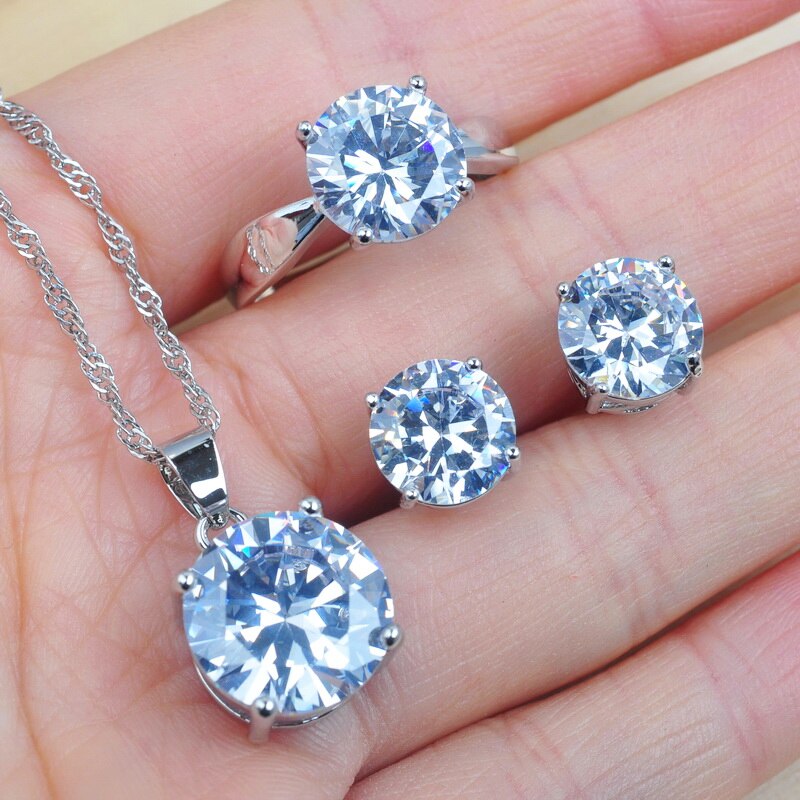 Ensemble de bijoux de mariage classiques pour femmes, rond, blanc, cubique, pendentifs, collier, boucles d'oreilles, bague: 9