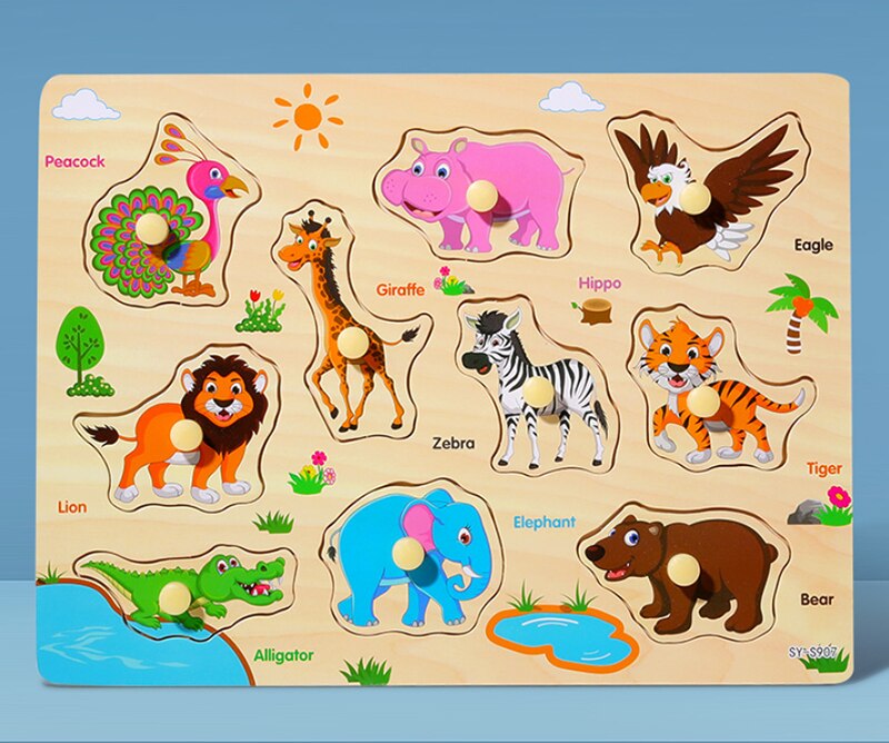 Giocattoli per bambini montessori puzzle di legno a mano afferrare bordo del fumetto veicolo marine animale di puzzle di puzzle giocattolo di legno bambino regali: animal