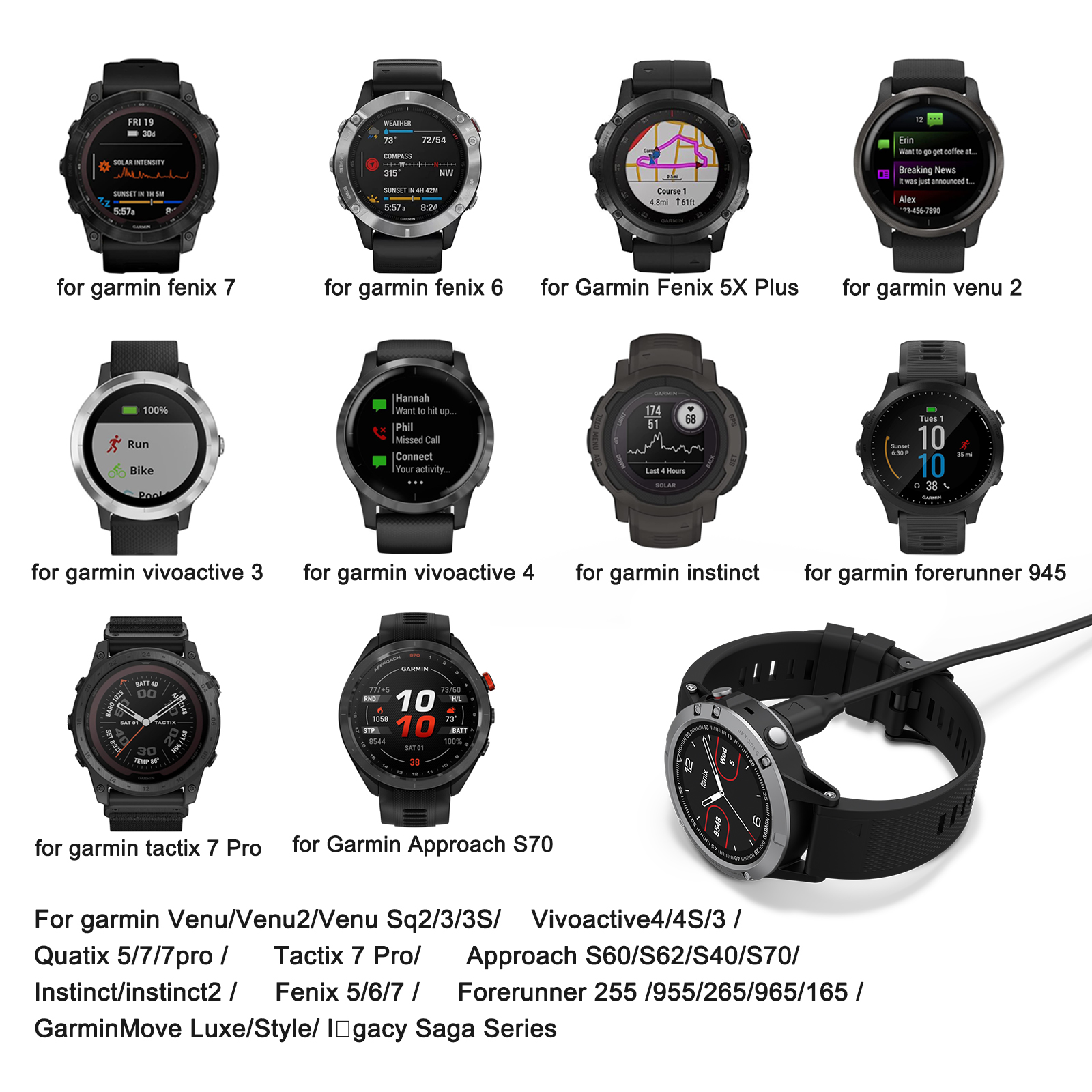 50cm Ladekabel für Garmin Instinkt 2 Fenix 5/6/7 Venu 2 Sq2/3/3S Vivoactive4/4S/3 Quatix 5/7/7Profi Vorläufer 255/955/265