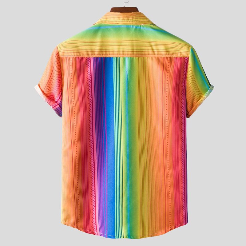 Rainbow Striped Shirts Men Beach Hawaiian Casual Mens Shirt Oversized Camisas Daily Harajuku Short Sleeve Streetwear