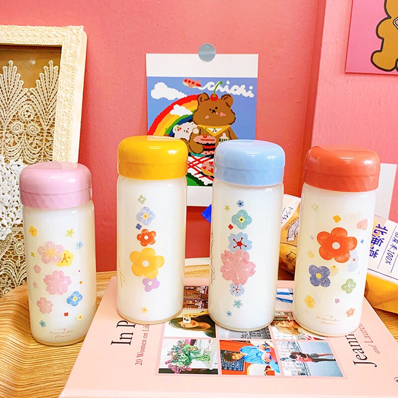 OAPE-taza pequeña portátil de cristal con de flores Kawaii, Mini taza de té portátil para niños y niñas, botella de agua sencilla