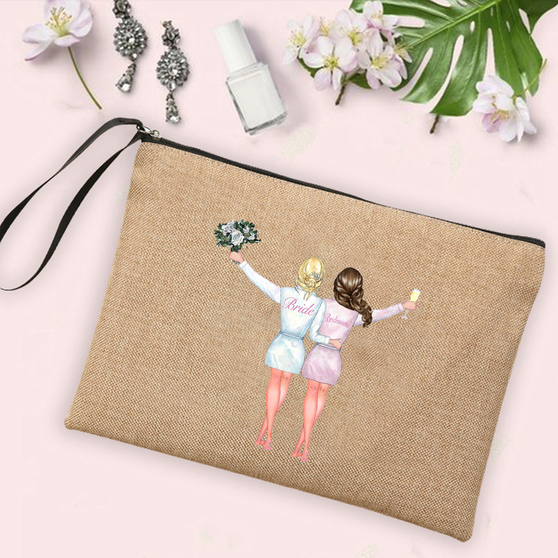 Team Bride Print Cosmetic Bags Bachelorette Party Neceser Makeup Bag Linen Pouch Travel Toiletry Organizer Bridal Shower
