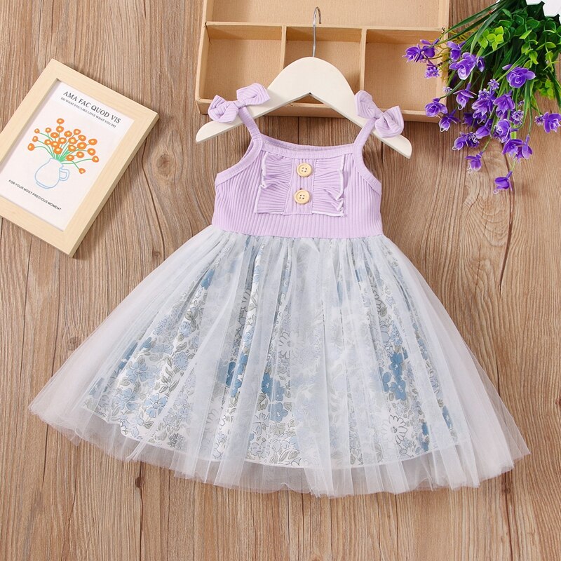 Abiti da festa per bambina Midi increspati Patchwork stampato floreale senza schienale senza maniche con stampa floreale: Lavanda / 12m