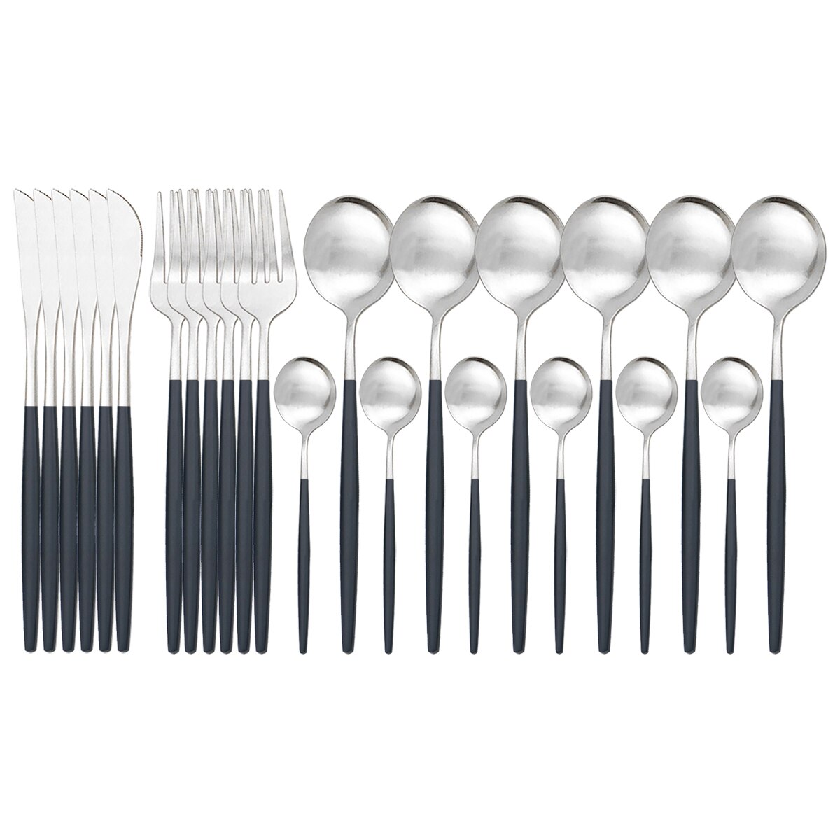 Couverts en or noir mat de 24 pièces | Service de vaisselle en acier inoxydable 304 fourchette cuillère en argenterie, service de couverts de cuisine: 24Pcs Black Silver