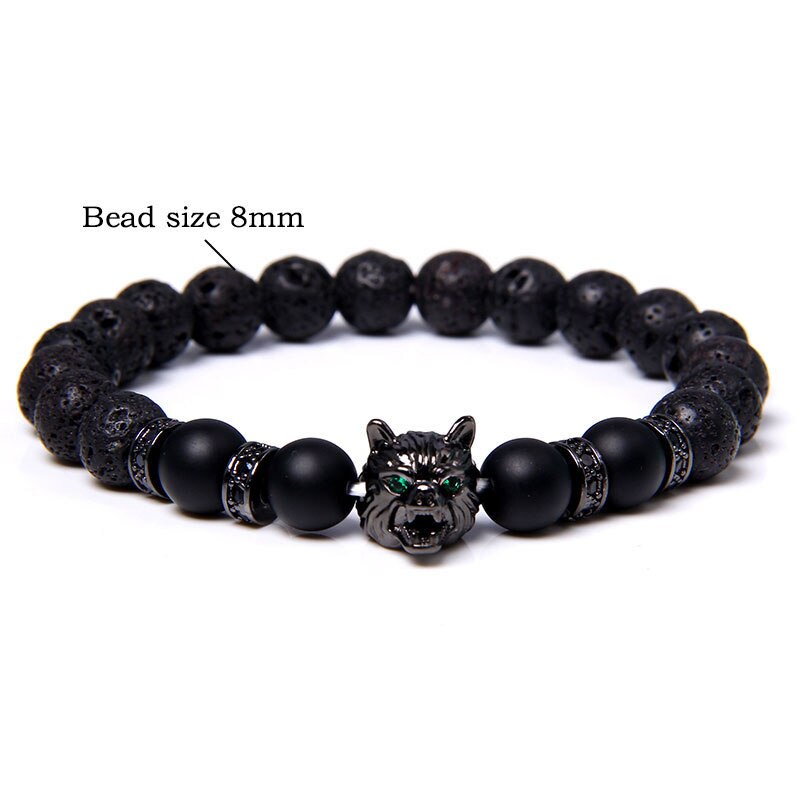Loup Bracelet noir mat pierre de lave perles bracciali femme amis Bracelets pour femme hommes bijoux hommes bracciali uomo: black / L 200-210mm