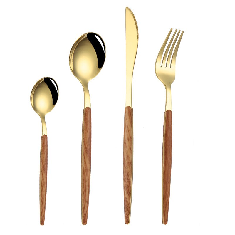 Roestvrij Staal Bestek Houten Handvat Servies Bestek Set Vork Mes Lepel Thee Lepel: 4 pcs set