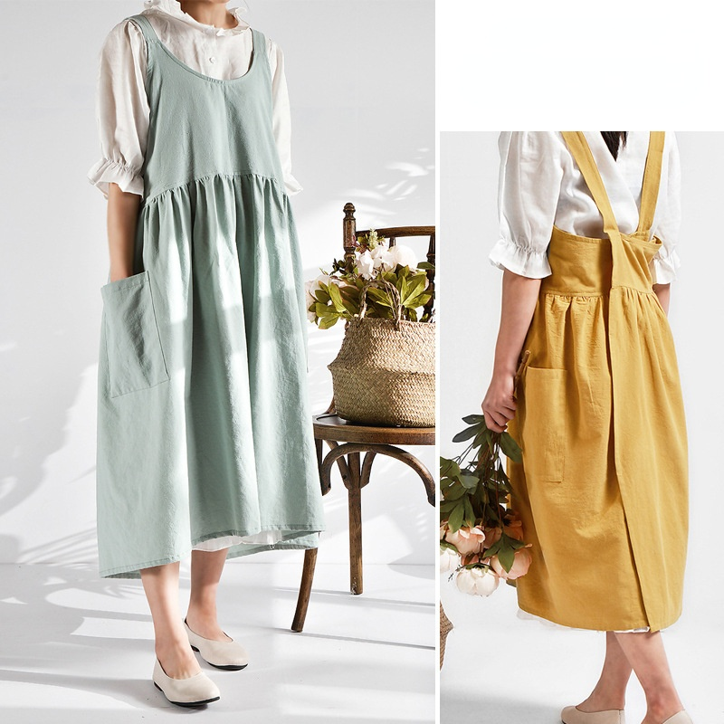 Tablier croisé à dos pour femmes, en coton et lin, enveloppe de cuisson japonaise, robe de fleuriste, Art littéraire, en coton et lin, pour la publicité