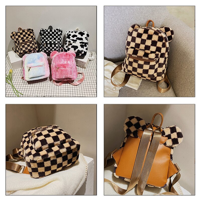 Mini zaino soffice a scacchi per donna 2021 orecchie di orso zaino in peluche scacchiera borsa con spalle in pelliccia zaino peloso scozzese Kawaii