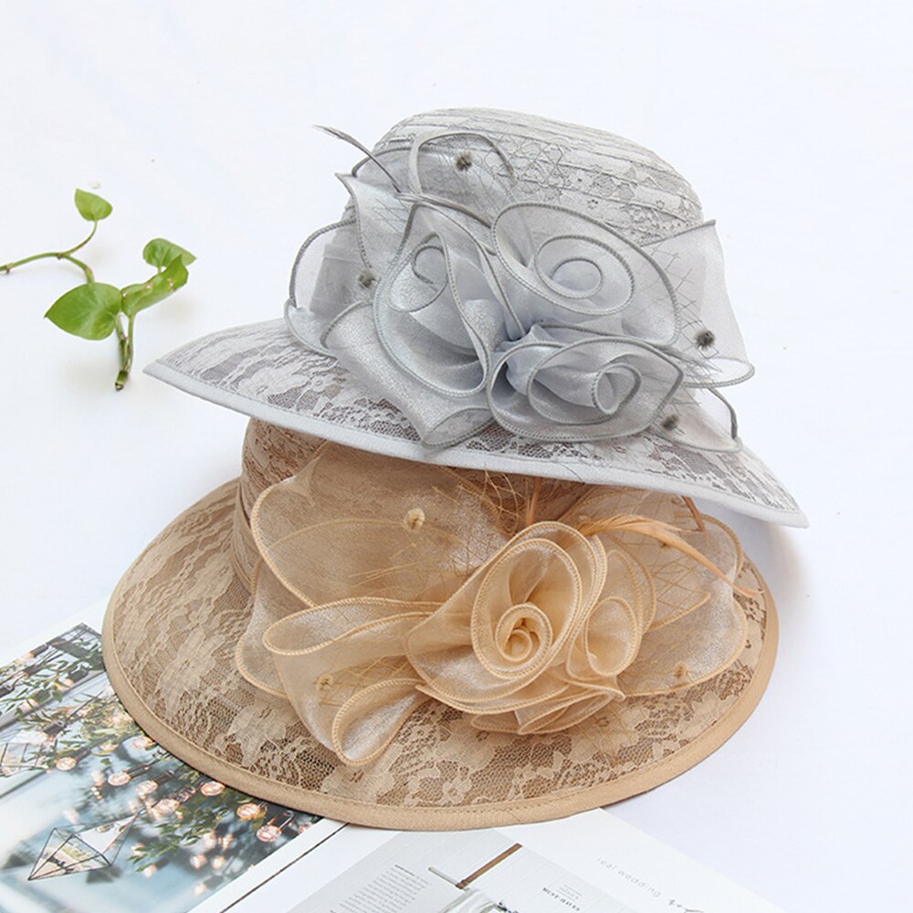 Fs Elegante Bloem Kant Garen Cloche Hoed Beige Opvouwbare Dames Zonnebrandcrème Mode Banket Brede Rand Tovenaar Hoeden