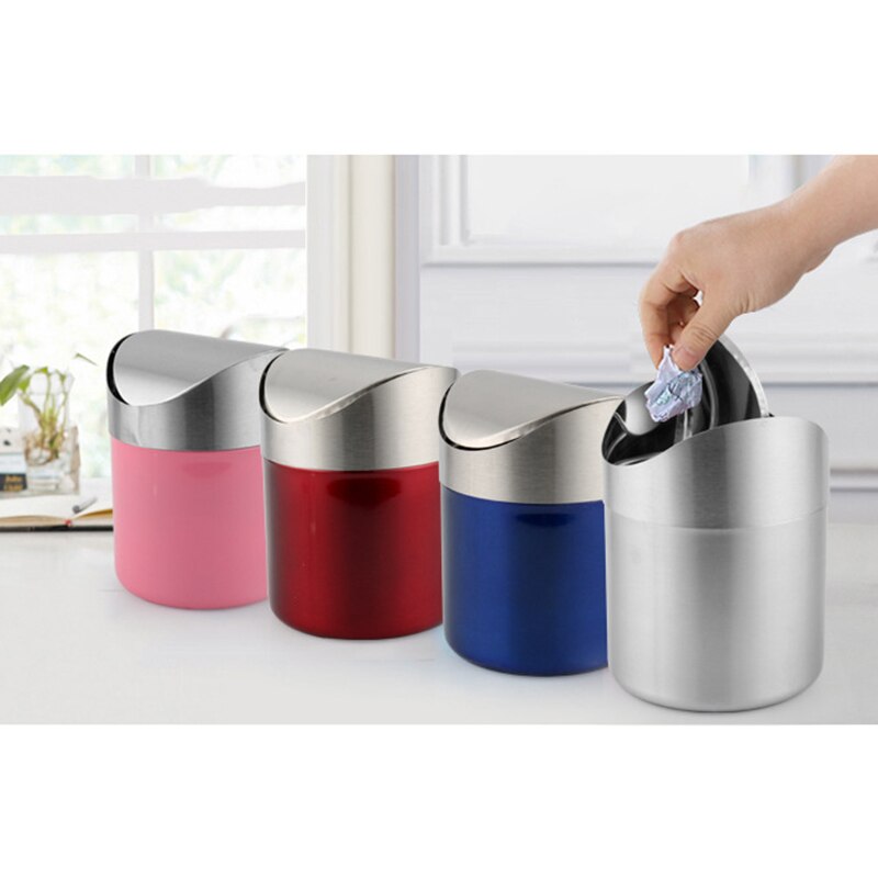 Minibasura pequeña de acero inoxidable con tapa abatible, bote de basura para escritorio, coche, oficina, cocina, K888