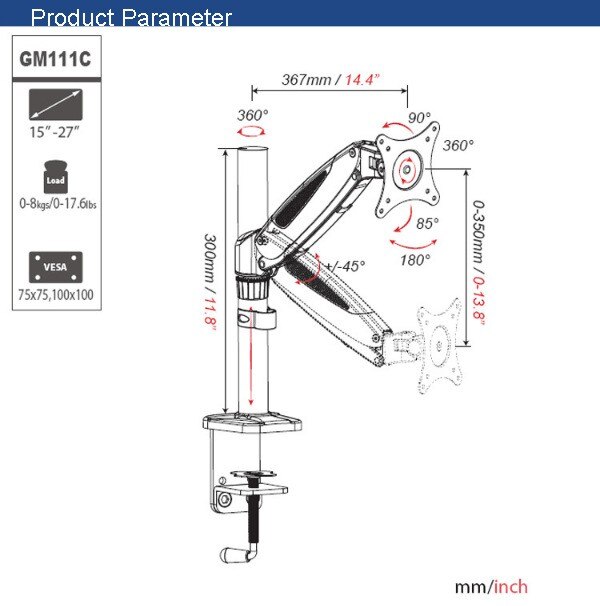 Hyvarwey Aluminium Gas Lente 360 Graden 15 "-27" Monitor Houder Bureau Spannen Mount Full Motion Hoogte Verstelbare beugel Arm