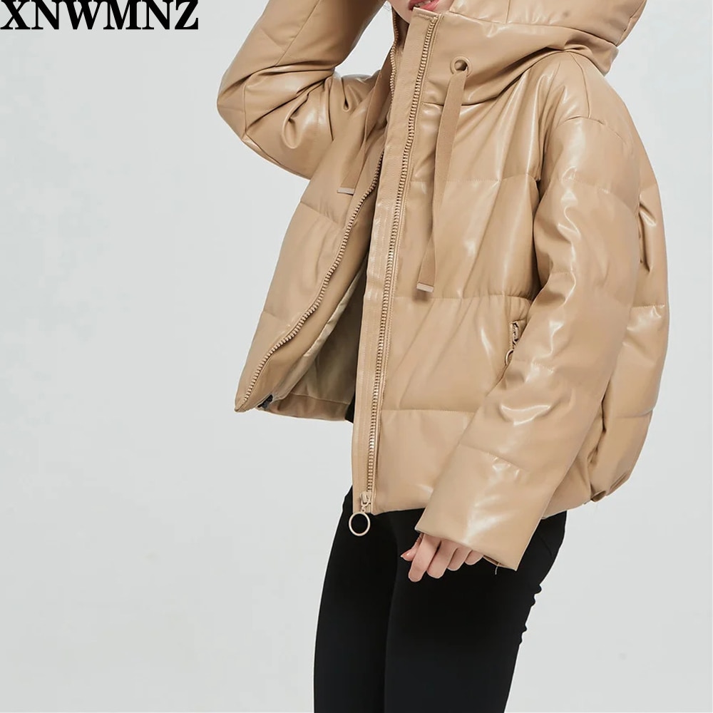 Za dames zwarte bontjas van imitatieleer oversized met rits winterjas met dikke pu-hoodie