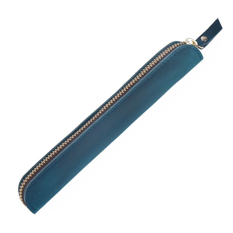 Handgemaakte leren etui vintage retro rits vulpen kwasten etui school kantoorbenodigdheden: Blauw