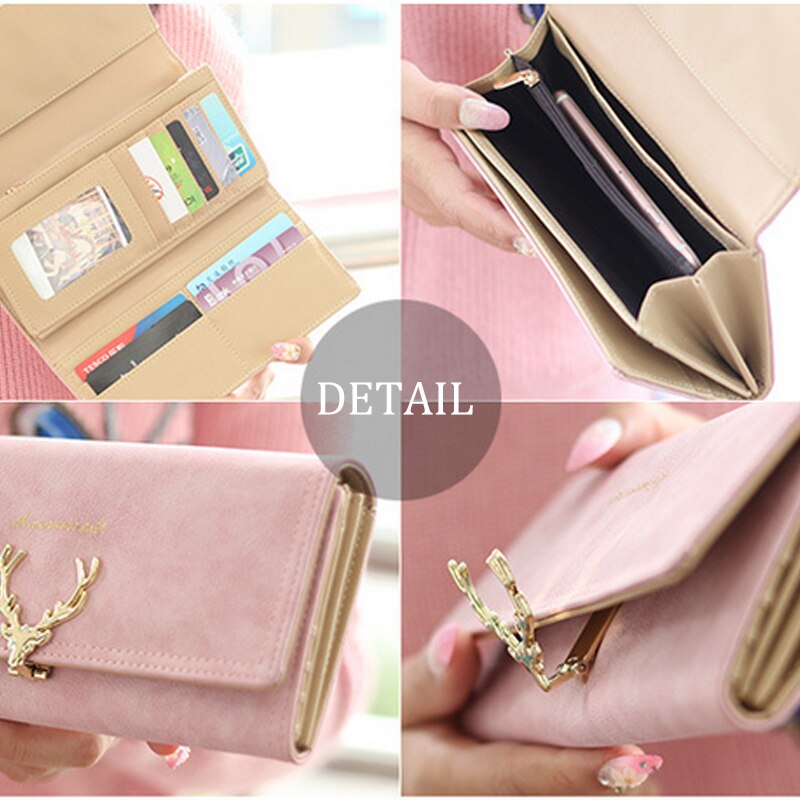 Hjorte dame lang pung frisk pu læder mønt pung dame kortholder multifunktion kvinde mini telefon clutch taske