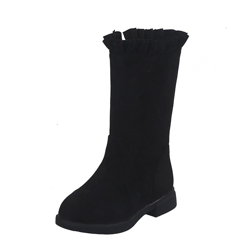 Meisjes Herfst Winter Mid-kalf Laarzen Suede Leer Mode Prinses Ruches Laarzen antislip Ronde Teen Platte Studenten botas Schoenen: Zwart / 26