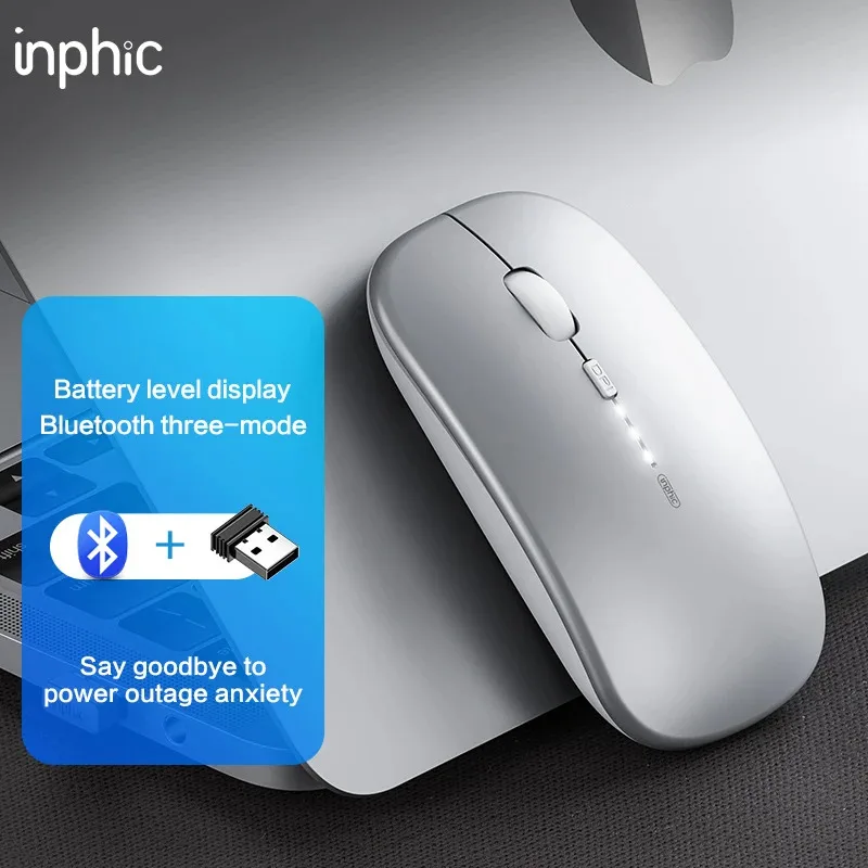 Inphic  m1 Profi kabellose maus, wiederaufladbare, geräuschlose maus, bluetooth-funkmaus mit drei modi, akkuanzeige + usb-c-ladefunktion