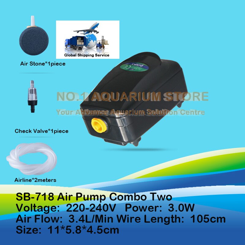 SOBO Silent Aquarium Air Pump Oxygen Pond Aerator Water Fish Tank SB-718 SB-738 3W/3.5W Authorized Dealer: SB-718 COMBO TWO / EU Plug Adapter