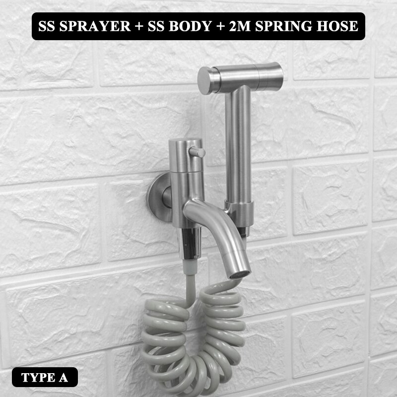 Toilet Bidet Tap Faucet Brushed Stainless Steel Portable Shower Bathroom Bidet Wall Mounted Mop Washer Tap with Shattaf Holder: A Whole Set PVC Hose