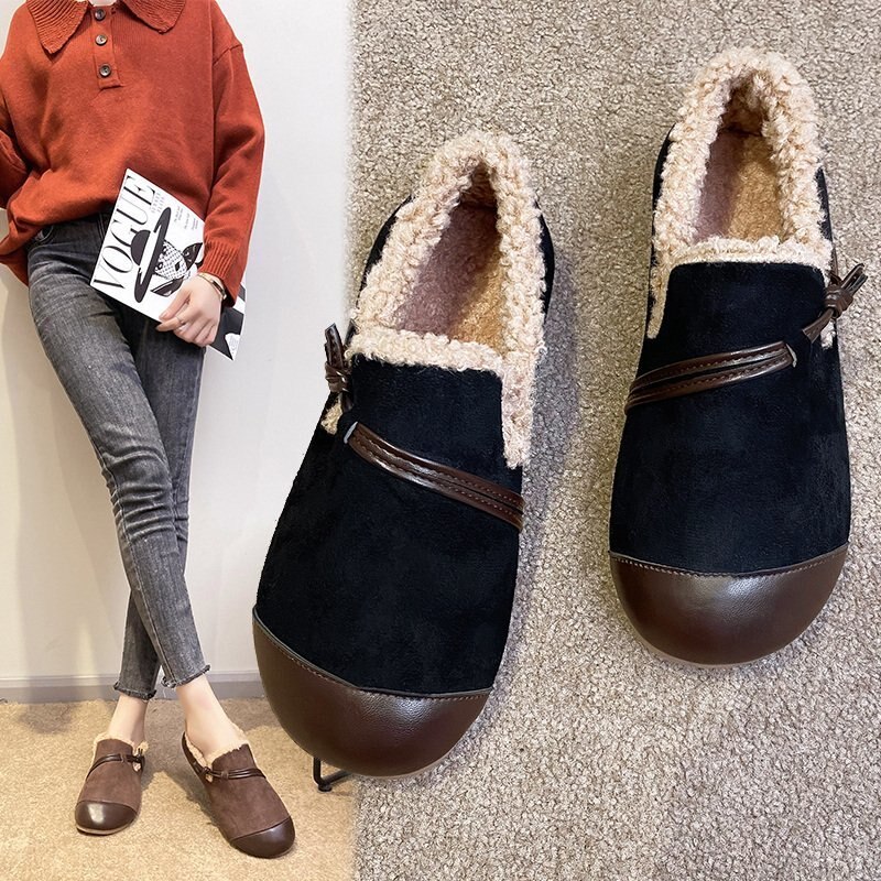 Mocassin chaussures femmes chaussures femme bout rond mocassins fourrure Slip-on baskets décontractées bouche peu profonde mocassins robe d'hiver grande taille