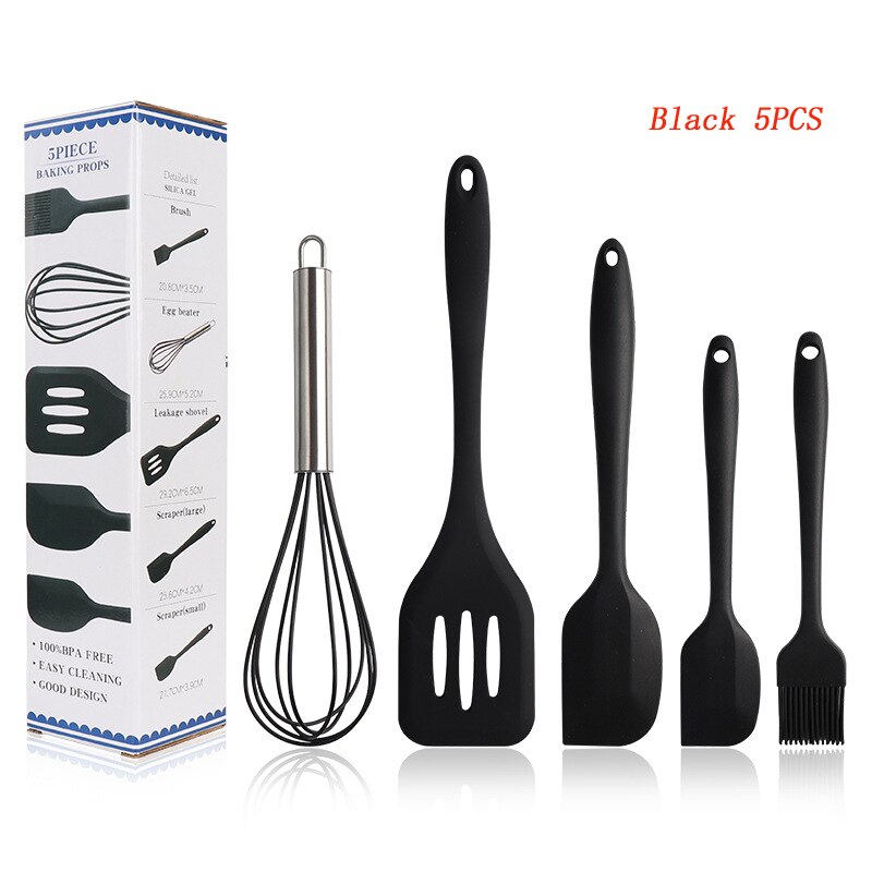 Silicone Kitchen Utensils Set 5/10 Pcs Not-Stick Cooking Tools Spoon Spatula Ladle Egg Beaters Kitchen Accessories Baking Tools: 5pcs  Black