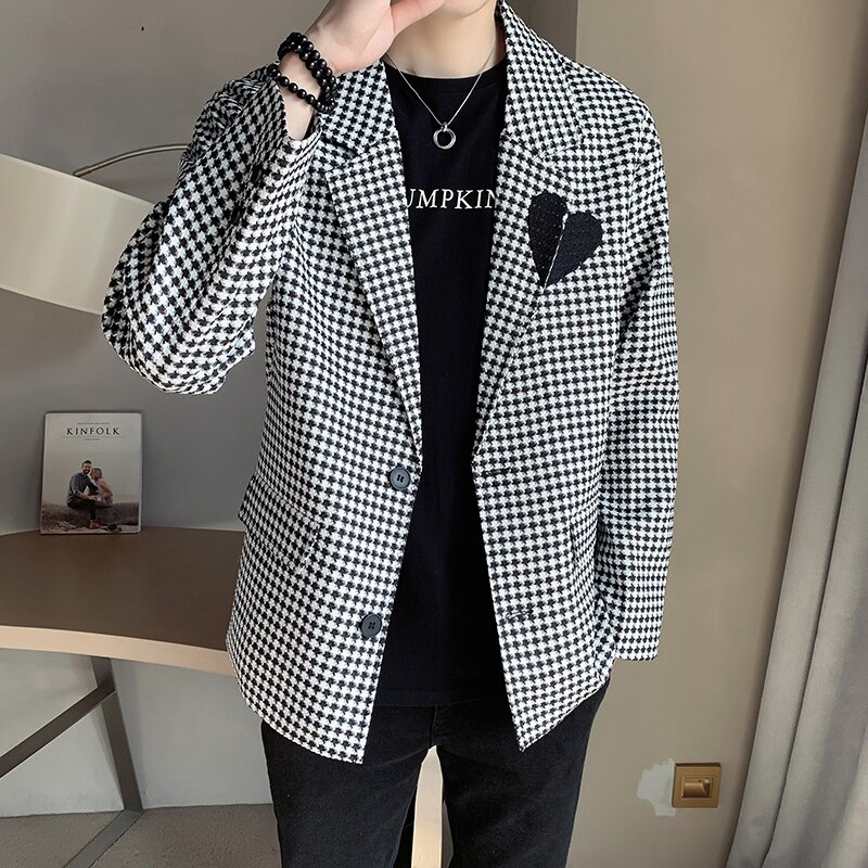 Chaqueta de traje de pata de gallo para hombre, ropa de calle informal holgada, Blazer de Social, abrigo de vestir de negocios que combina con todo, masculina, 2022