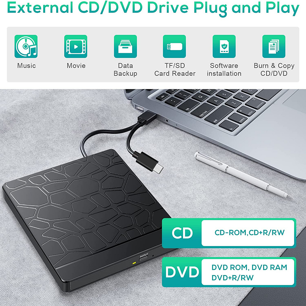 Hub usb externo multifuncional com unidade óptica, gravador de dvd, gravador de cd-r e leitor de cartões para computador, compatível com discos micro sd e tf.