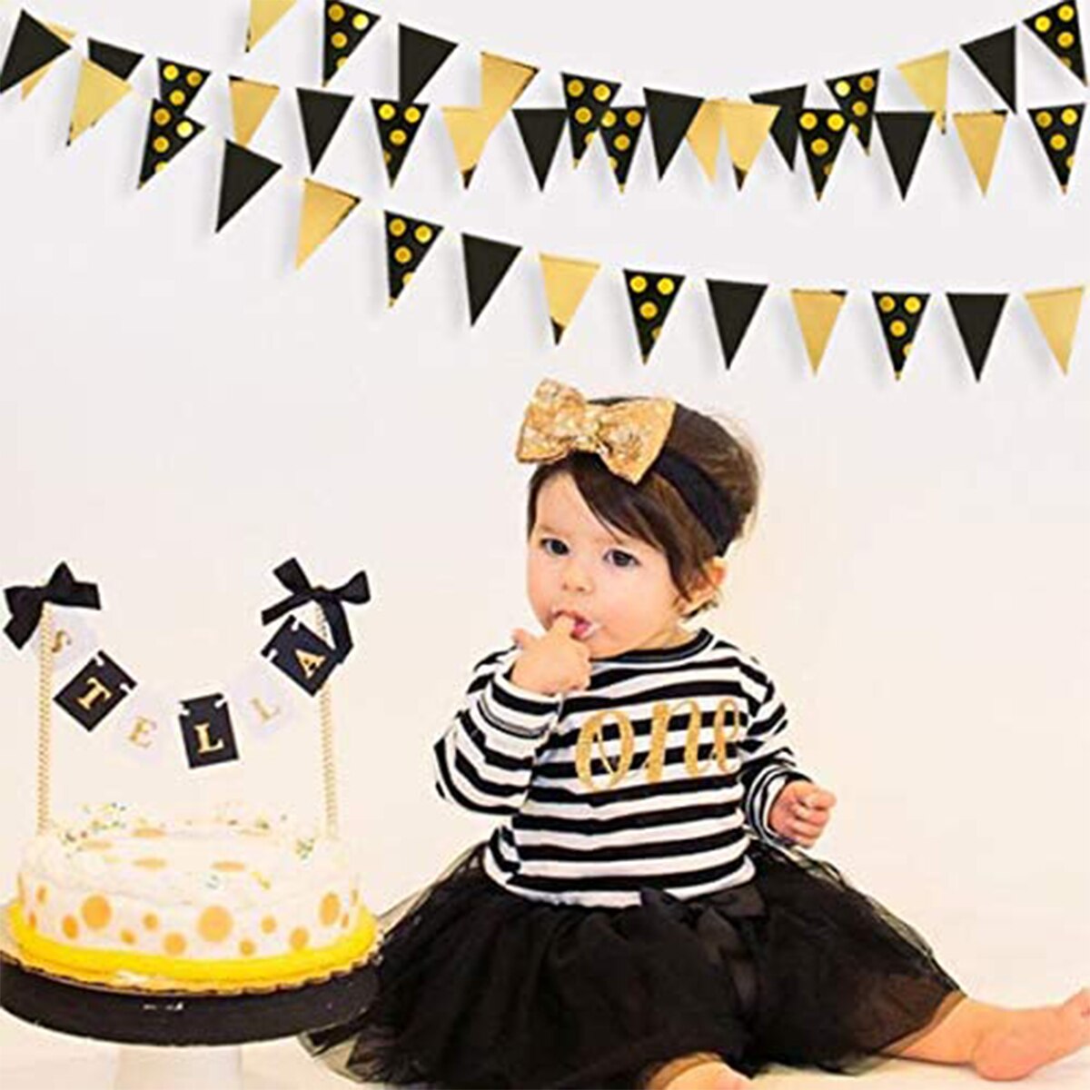 Black Gold Foil Polka Dot Pennant Banner Paper Triangle Flags Bunting Garland for Wedding Baby Shower Birthday Party Decorations