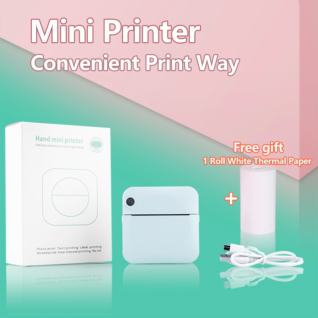 Portable Mini Printer Pocket Printer Student Note Printer Photo Text Bar Code Printer: Blue