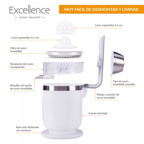 CHEF-Exprimidor Eléctrico Zumo de Palanca Juicer Excellence Blanco(300W),2 Tamaños Cono,con Función Antigoteo
