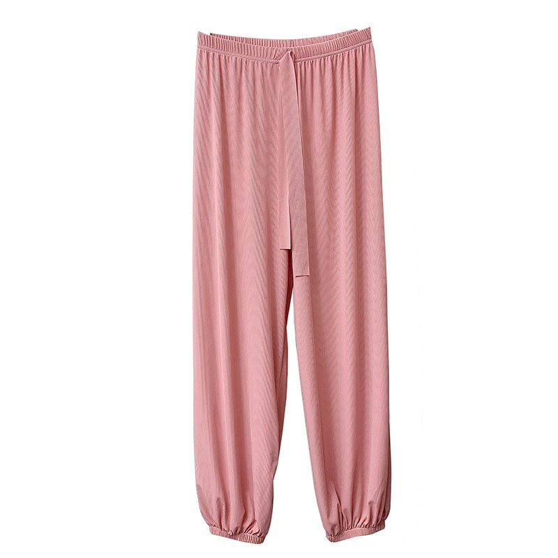 Sanderala-pantalones de dormir de seda de hielo para mujer, ropa interior informal, suelta, con cintura elástica, de punto, con cordón