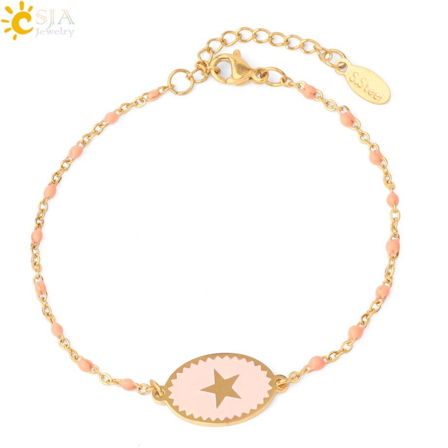 CSJA, pulsera de acero inoxidable para mujer, colgante de estrella esmaltada, cadena de eslabones de Color dorado con cuentas, delicado Delgado, pulseras Inoxydable Acier S718: Pink