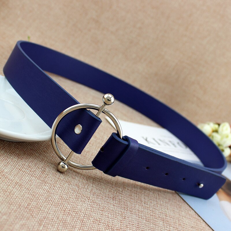 Newest Silver Round buckle belts woman women's belts without pin metal buckle black leather strap belt dames riemen: Blue