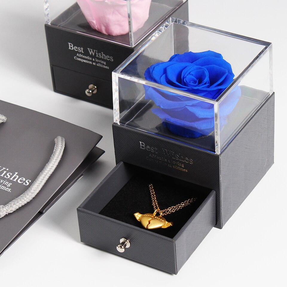 Preserved Real Rose Jewelry Box with Necklace Holder Immortal Flowers Forever Blossom Wedding Birthday Set for Women